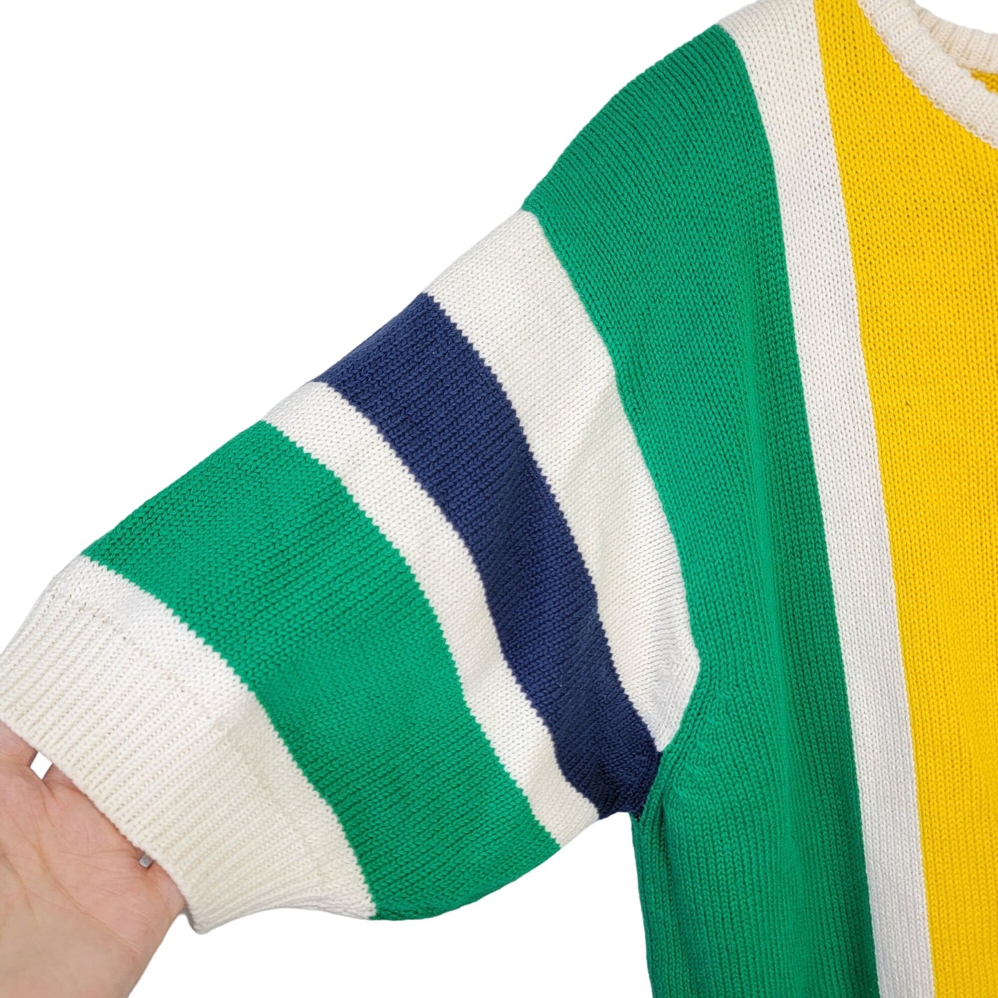 Vintage 80s Sweater Shirt Women Large Knit Primary Stripe Cream Blue Red