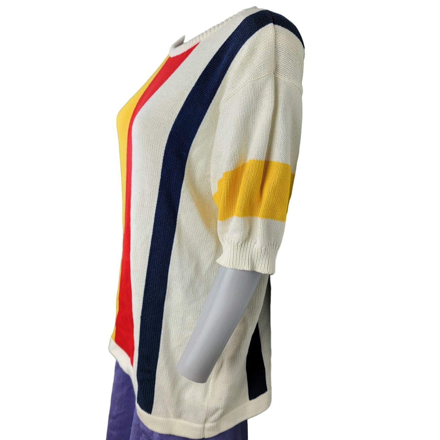 Vintage 80s Sweater Shirt Women Large Knit Primary Stripe Cream Blue Red