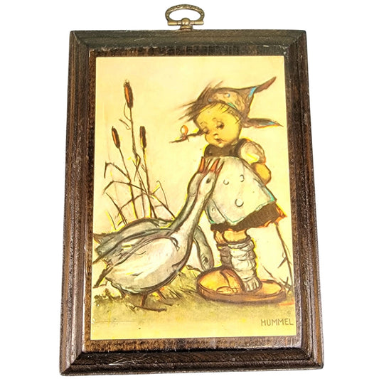 Vintage 40s Hummel Print on Wood Little Goose Girl Wall Hanging Plaque Home Decor