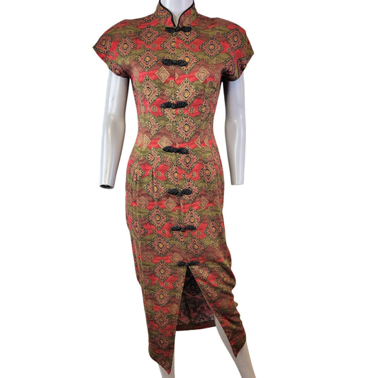 Vintage 80s Asian Midi Dress Women 3 Small 4 Red Brown Black Geometric Formal Fall
