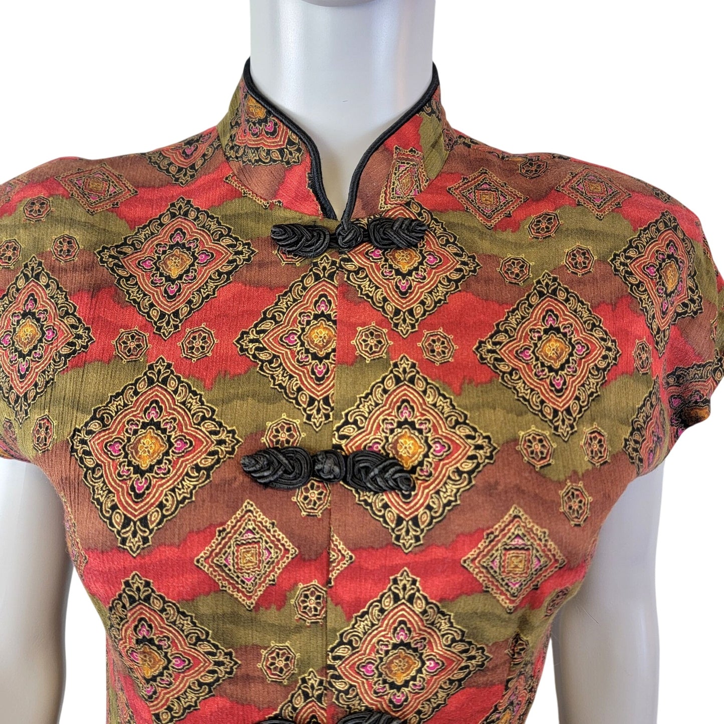 Vintage 80s Asian Midi Dress Women 3 Small 4 Red Brown Black Geometric Formal Fall
