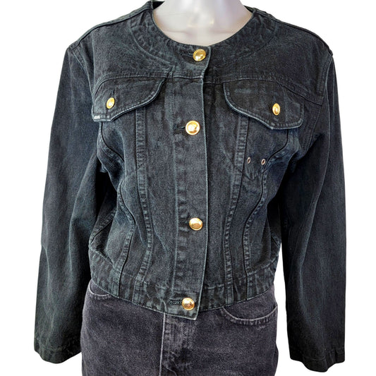Jordache Vintage 90s Black Denim Jacket Women Medium 8 10 Coat Gold Button Fall
