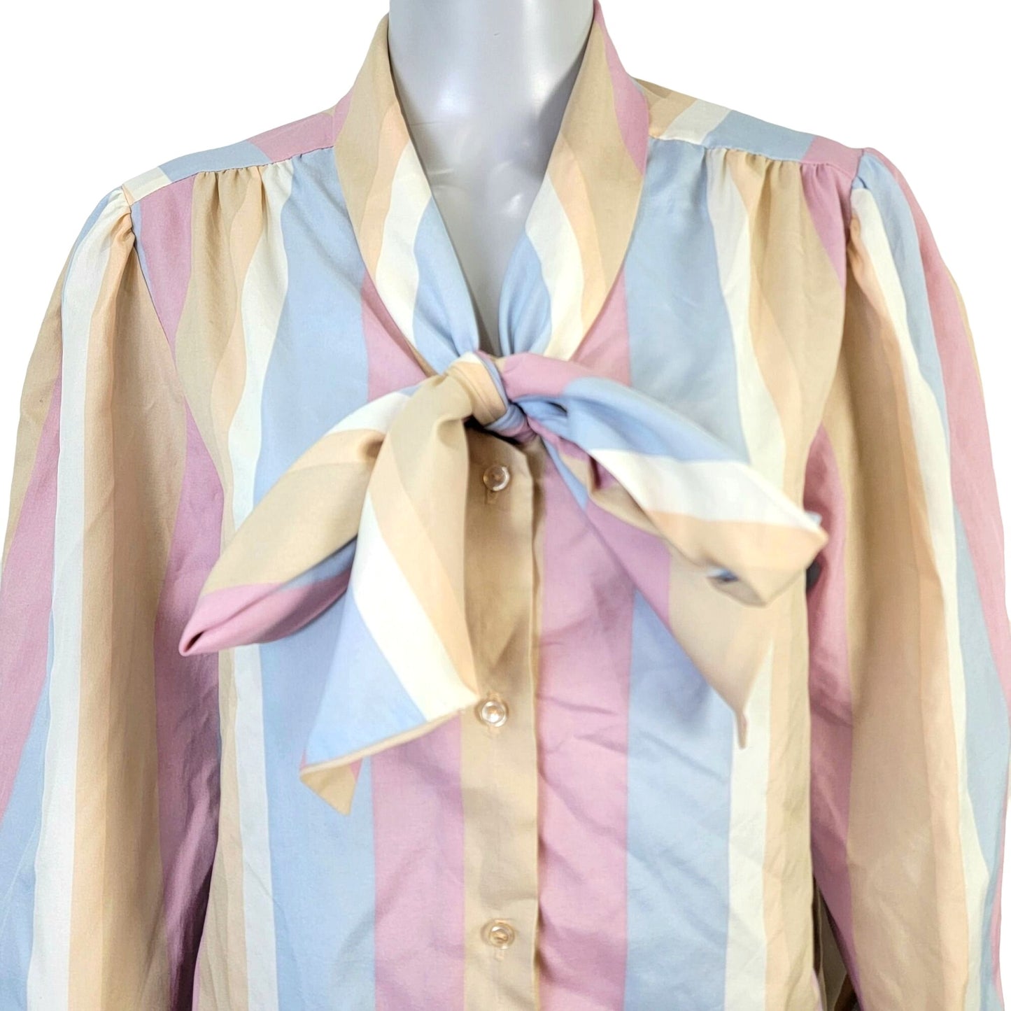 Vintage 70s Stripe Blouse Shirt Women 14 Pink Blue Retro Top