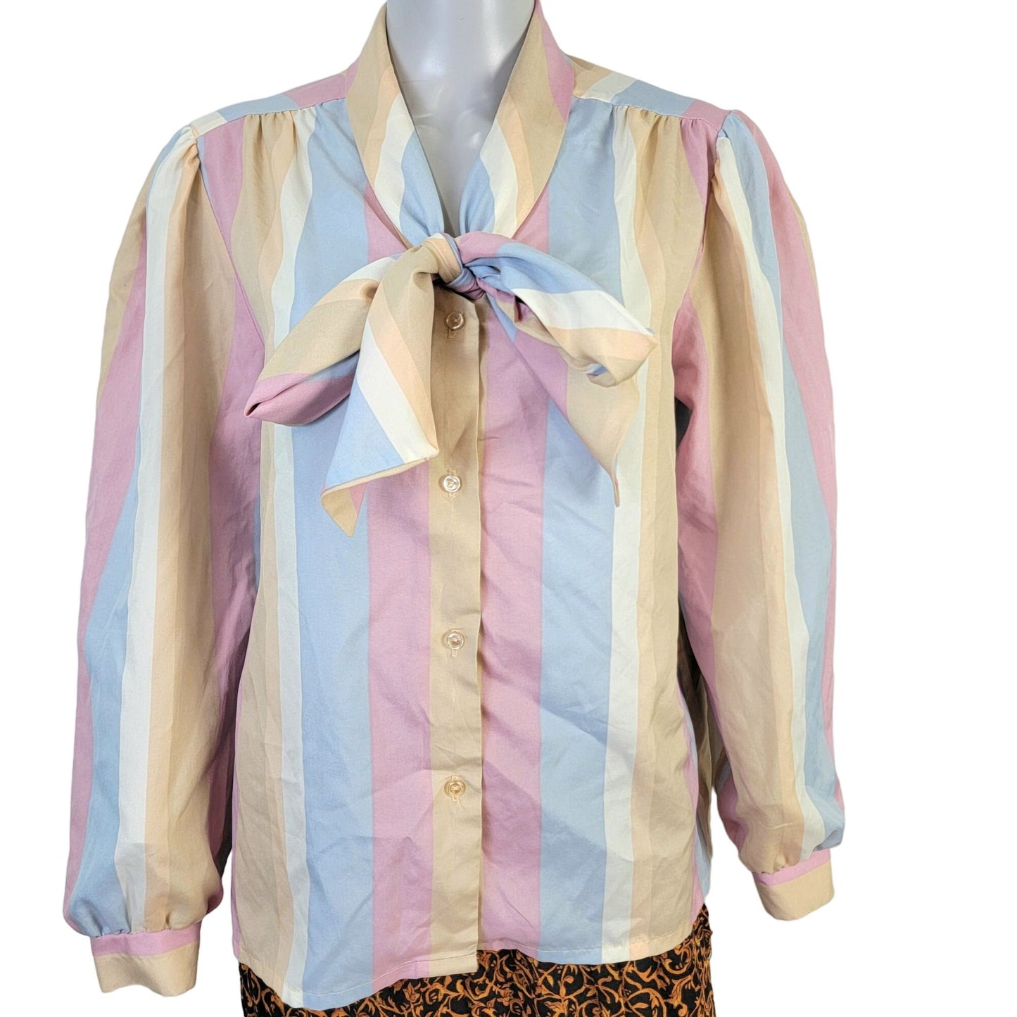 Vintage 70s Stripe Blouse Shirt Women 14 Pink Blue Retro Top