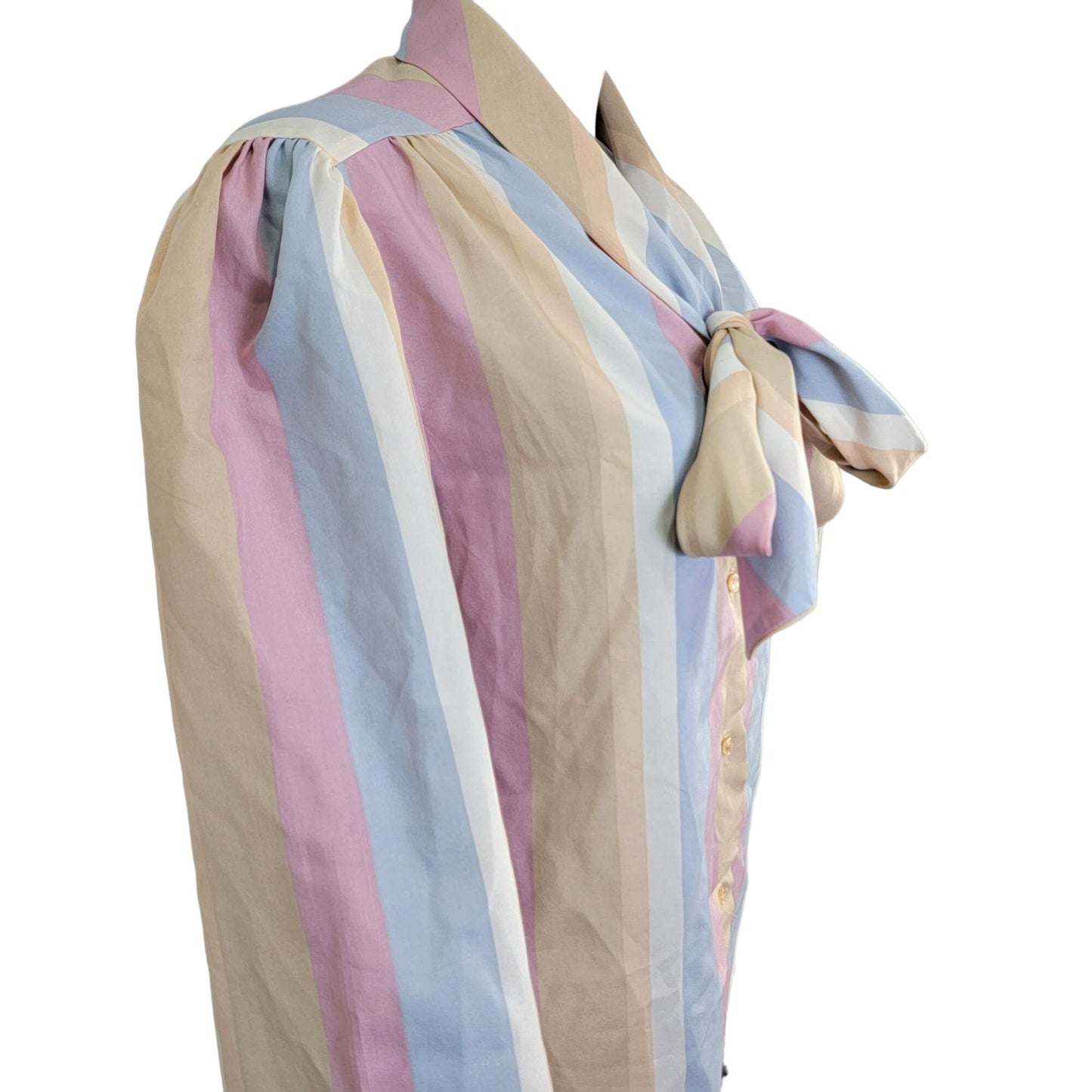 Vintage 70s Stripe Blouse Shirt Women 14 Pink Blue Retro Top