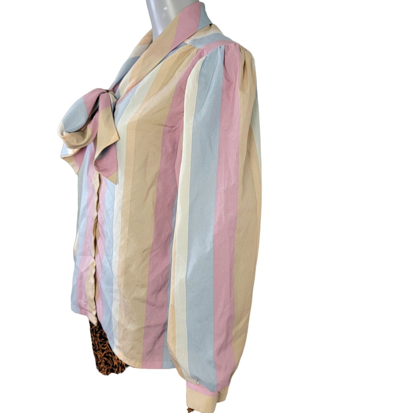 Vintage 70s Stripe Blouse Shirt Women 14 Pink Blue Retro Top