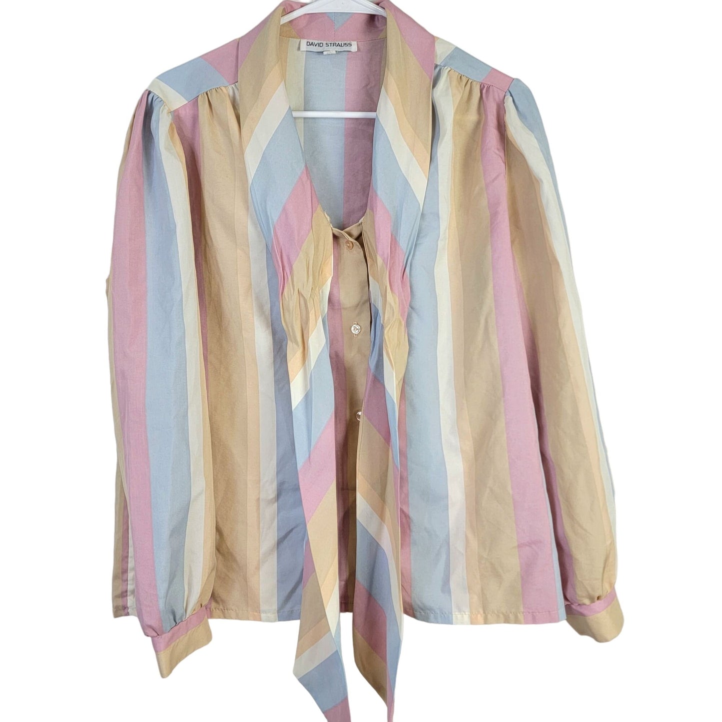 Vintage 70s Stripe Blouse Shirt Women 14 Pink Blue Retro Top