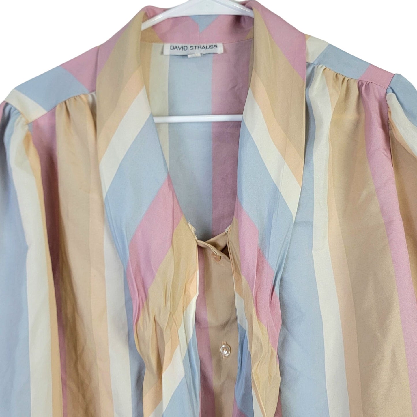 Vintage 70s Stripe Blouse Shirt Women 14 Pink Blue Retro Top