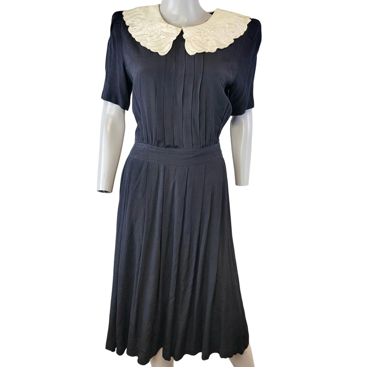 Vintage 80s Midi Dress Women 8 Black Cream Lace Collar Formal Button Fall Work
