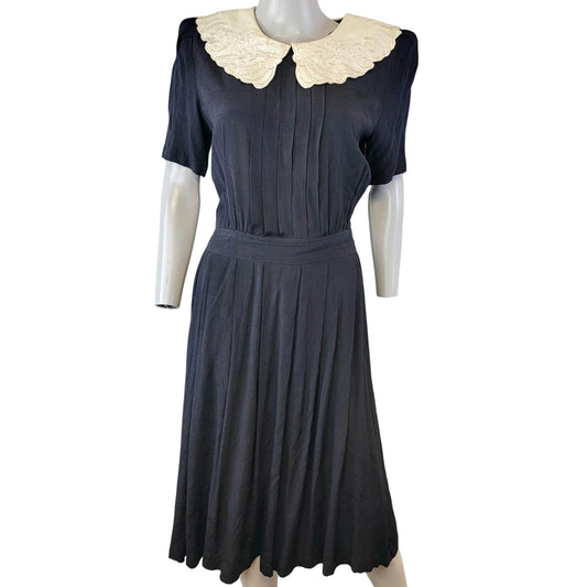 Vintage 80s Midi Dress Women 8 Black Cream Lace Collar Formal Button Fall Work