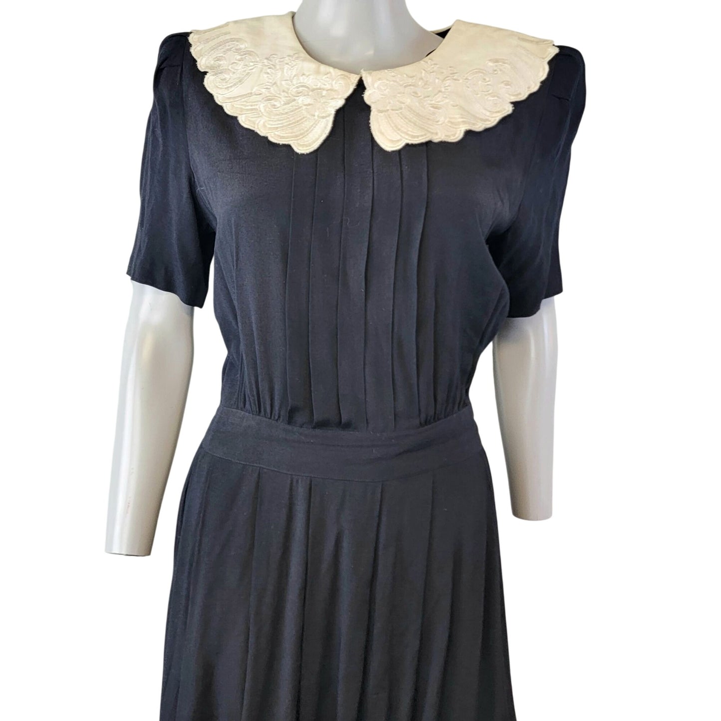 Vintage 80s Midi Dress Women 8 Black Cream Lace Collar Formal Button Fall Work