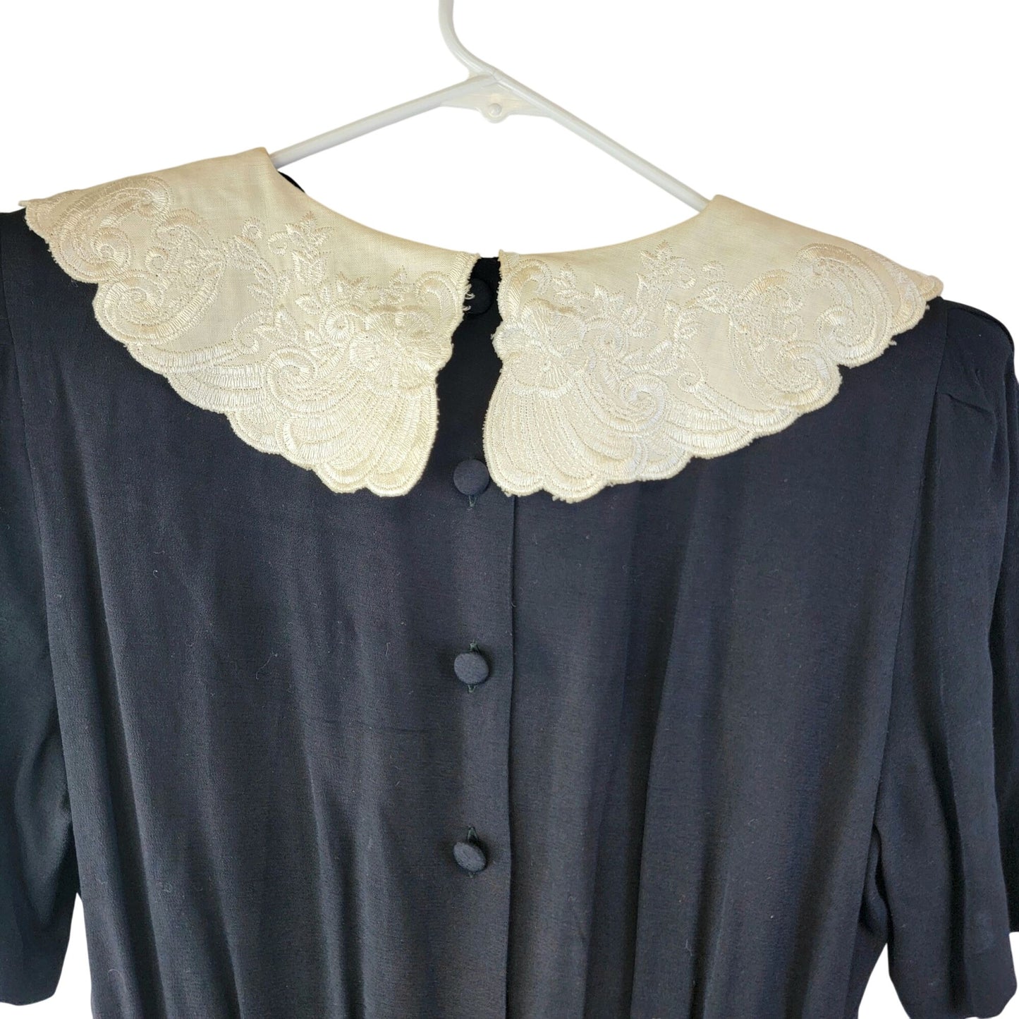 Vintage 80s Midi Dress Women 8 Black Cream Lace Collar Formal Button Fall Work