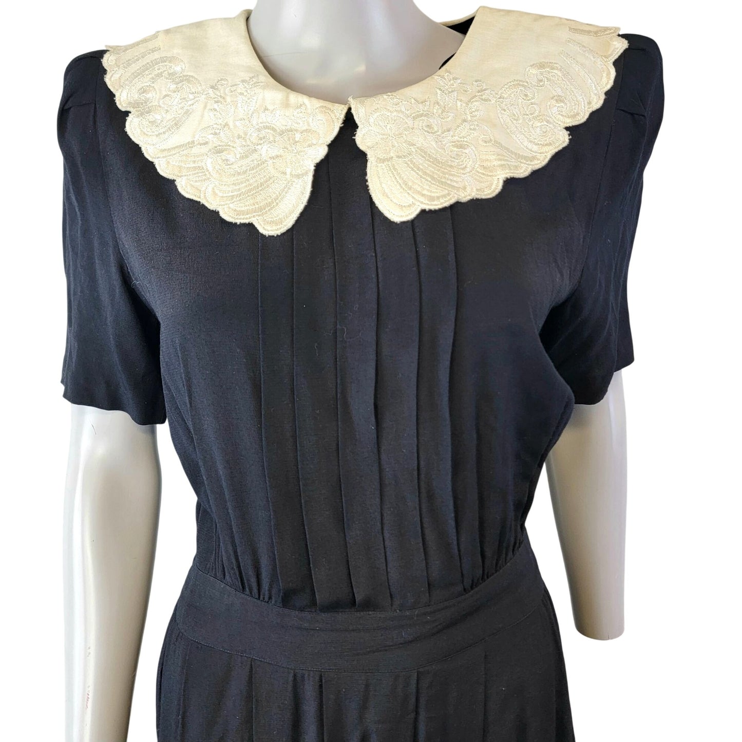 Vintage 80s Midi Dress Women 8 Black Cream Lace Collar Formal Button Fall Work