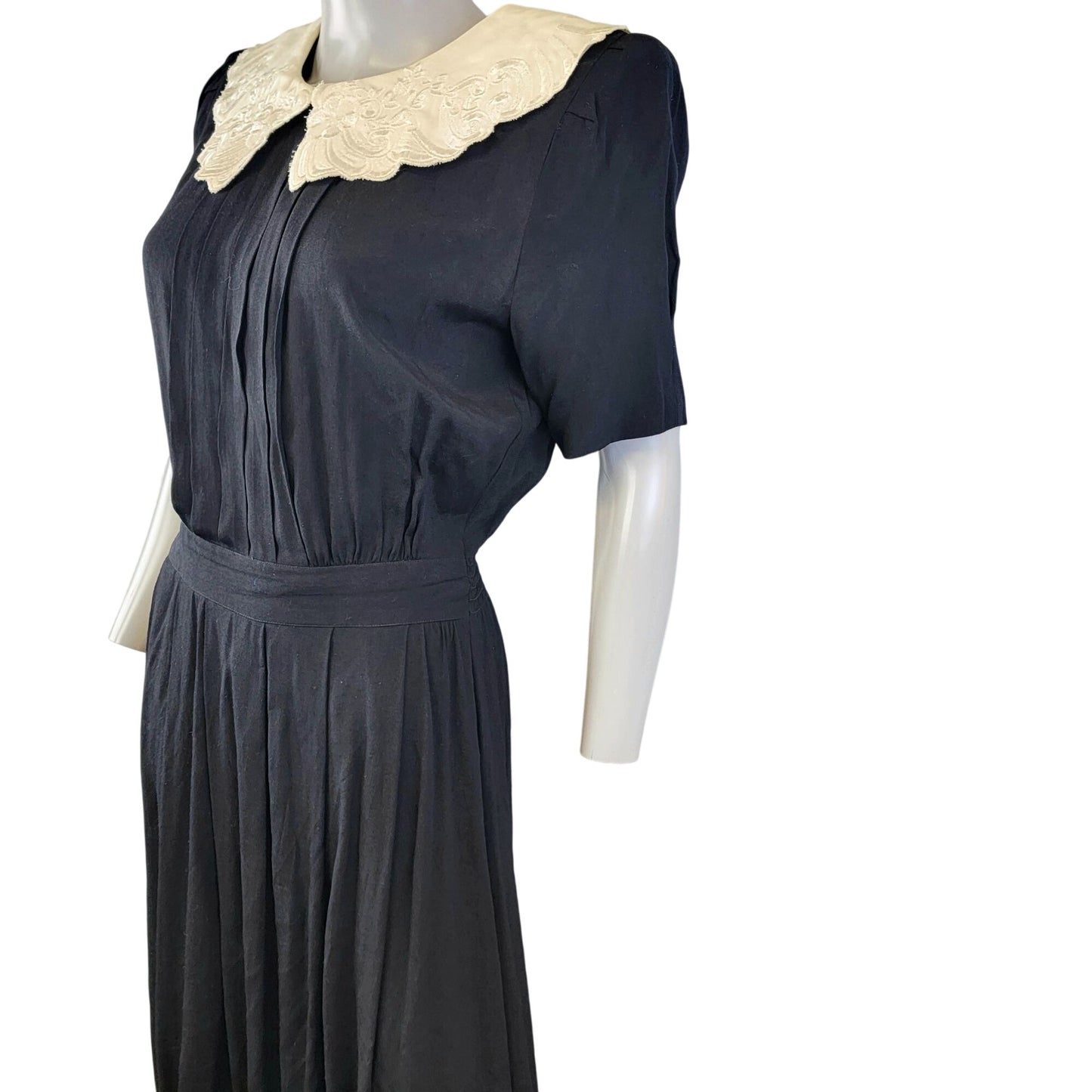 Vintage 80s Midi Dress Women 8 Black Cream Lace Collar Formal Button Fall Work