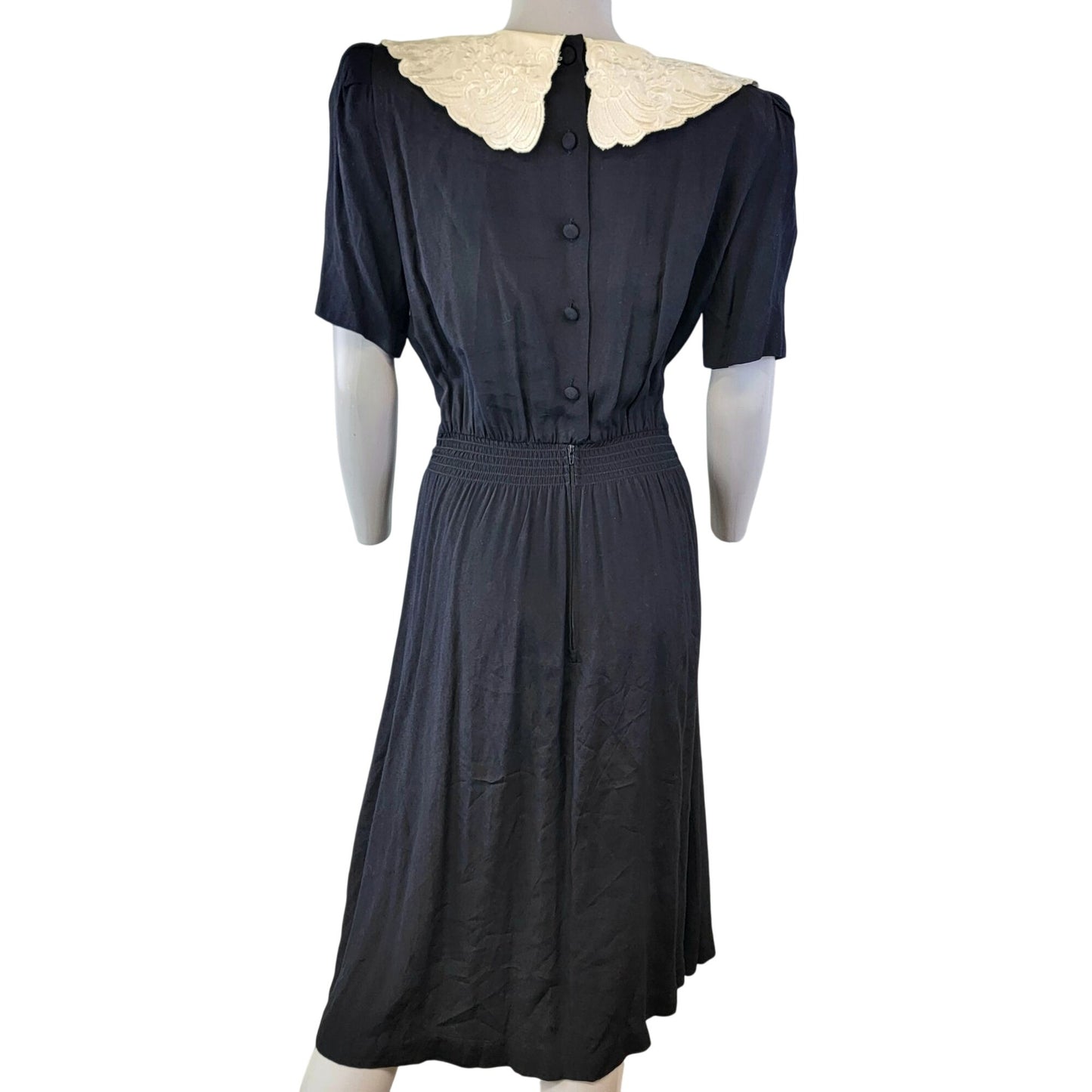 Vintage 80s Midi Dress Women 8 Black Cream Lace Collar Formal Button Fall Work