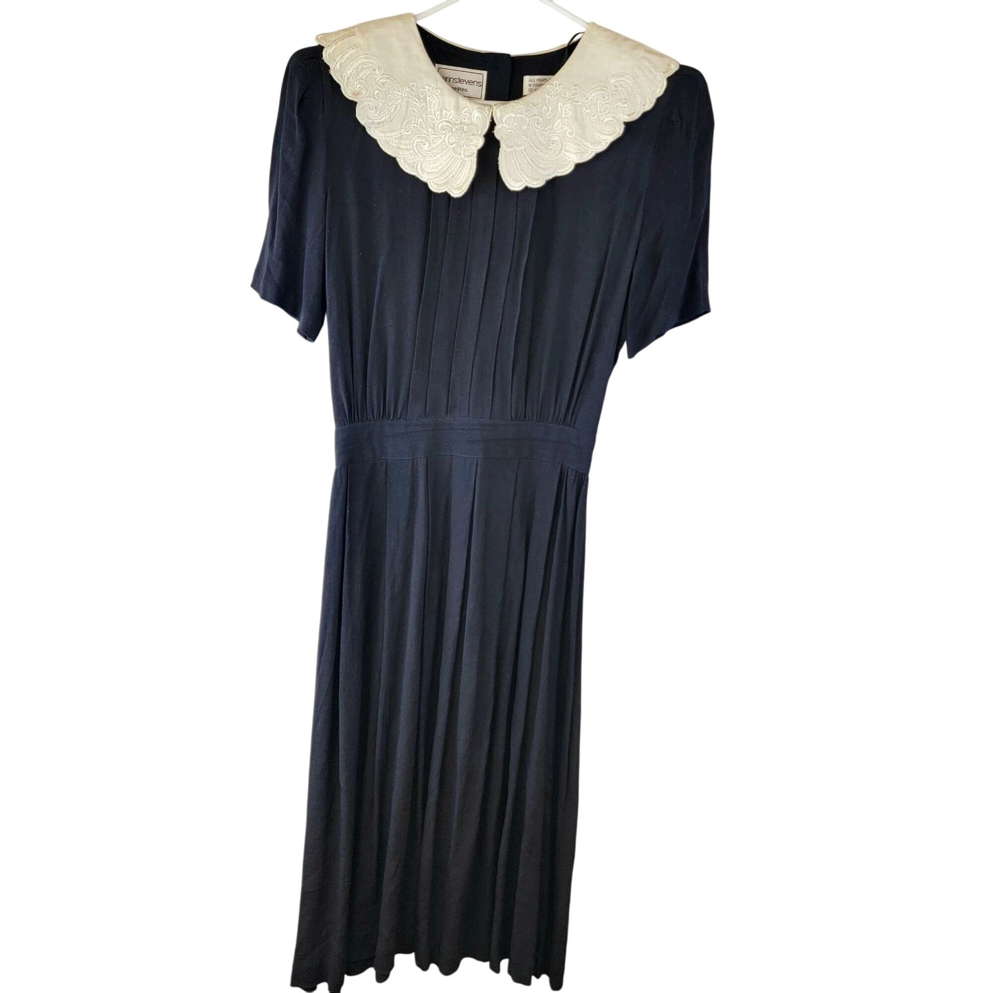 Vintage 80s Midi Dress Women 8 Black Cream Lace Collar Formal Button Fall Work