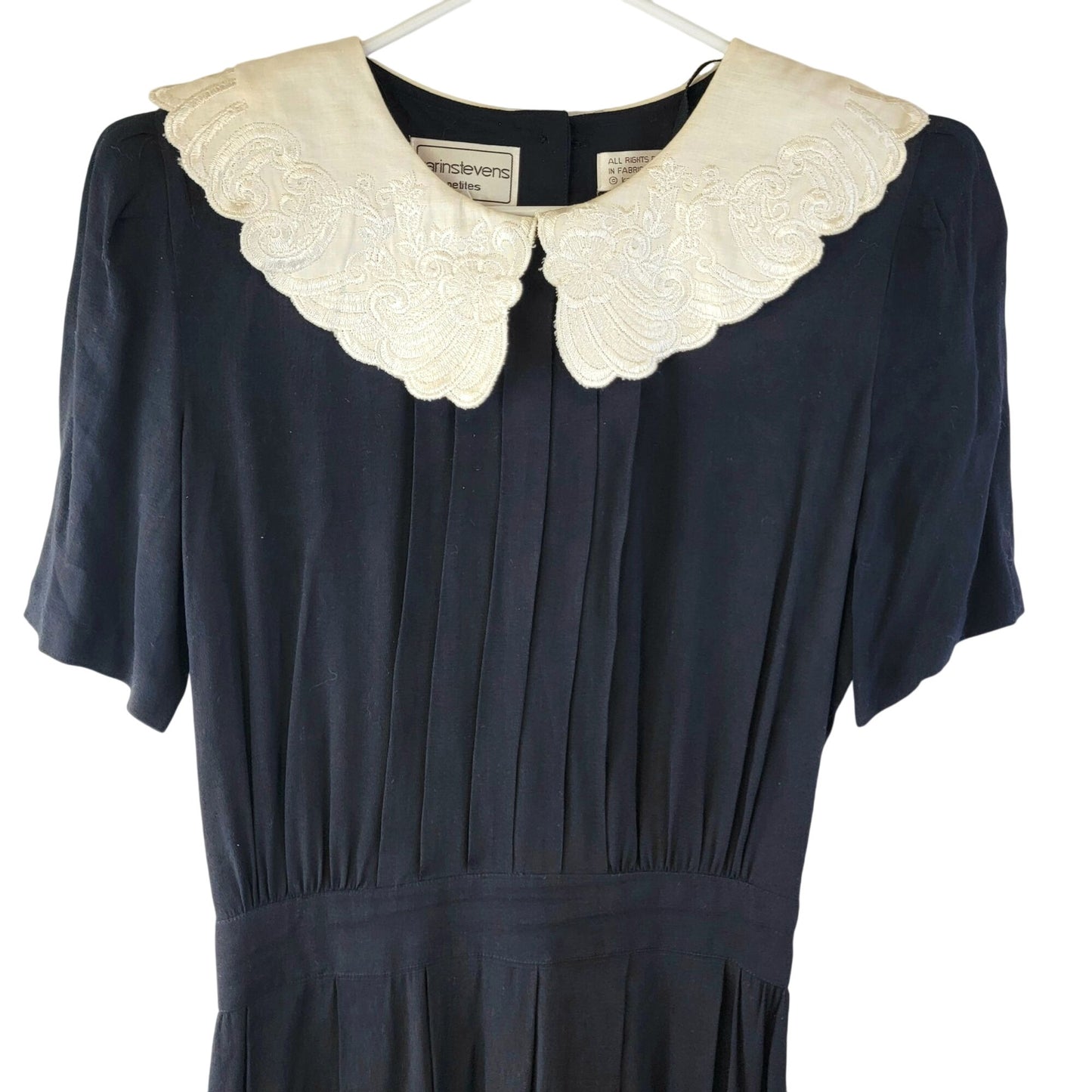 Vintage 80s Midi Dress Women 8 Black Cream Lace Collar Formal Button Fall Work