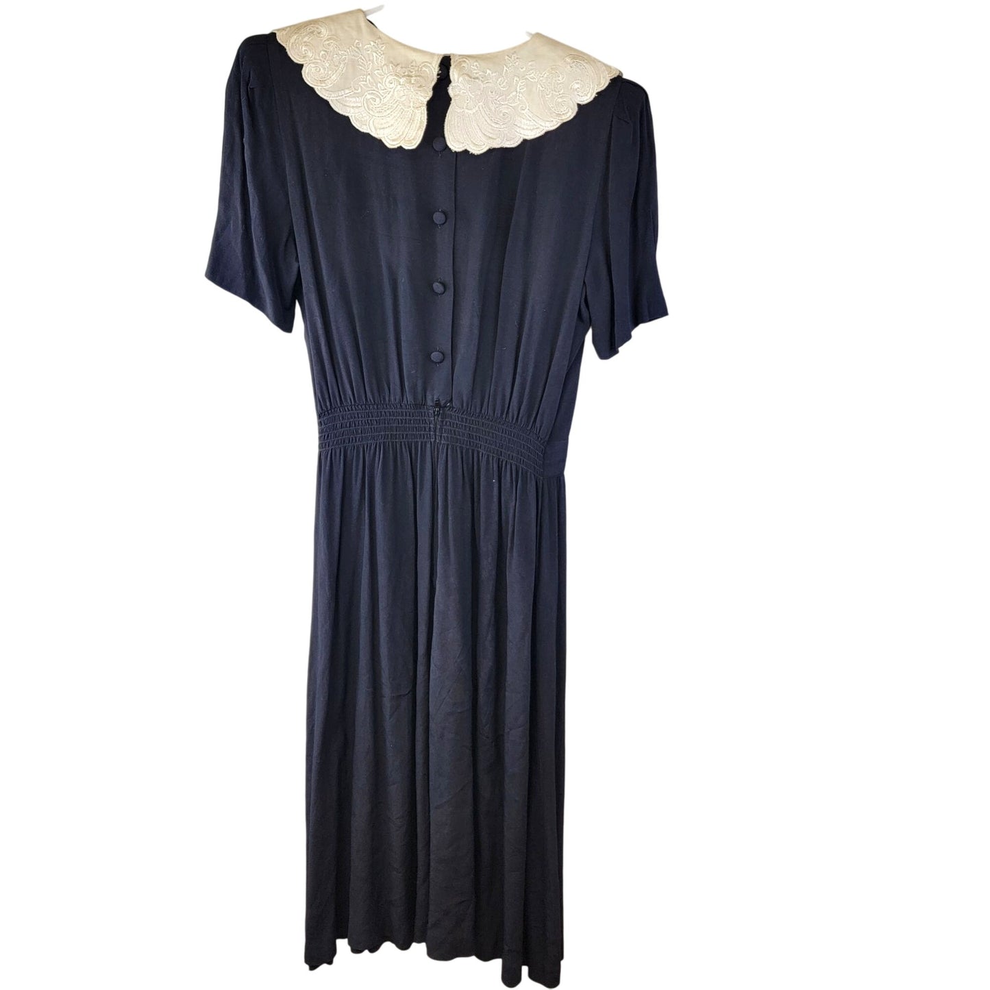 Vintage 80s Midi Dress Women 8 Black Cream Lace Collar Formal Button Fall Work