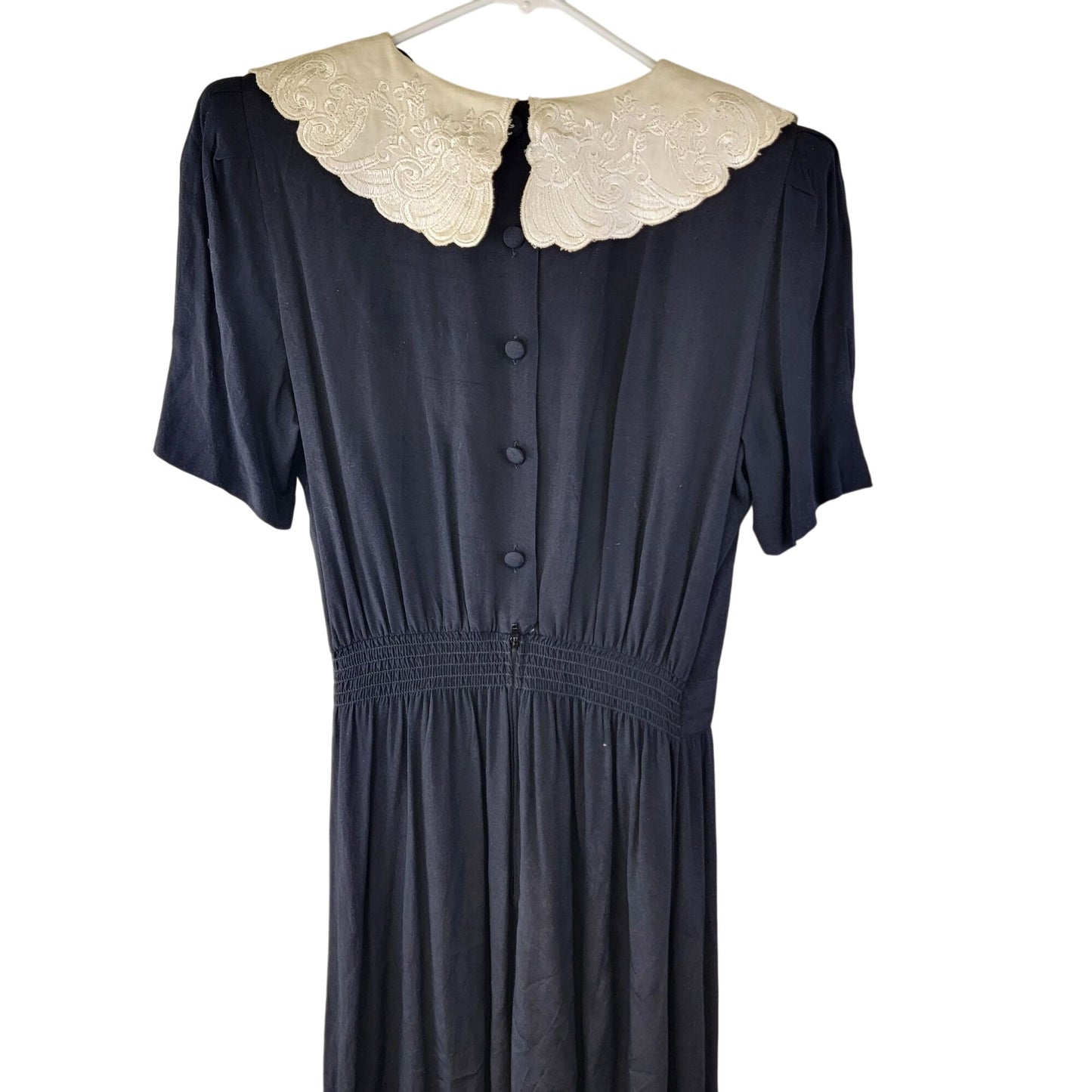Vintage 80s Midi Dress Women 8 Black Cream Lace Collar Formal Button Fall Work