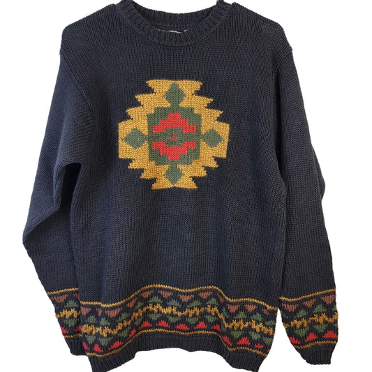 Vintage 90s Aztec Sweater Women Small Black Pullover