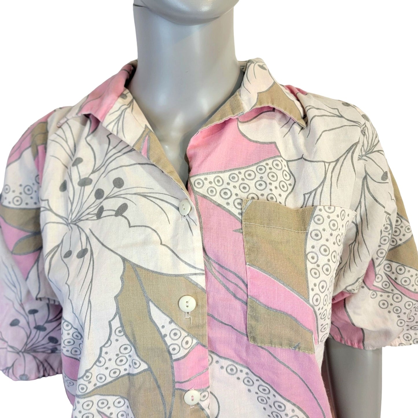 Vintage 70s Tropical Floral Shirt Women XL Button Collar Pink Tan
