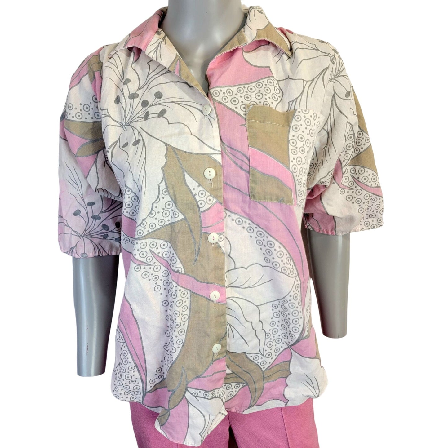 Vintage 70s Tropical Floral Shirt Women XL Button Collar Pink Tan