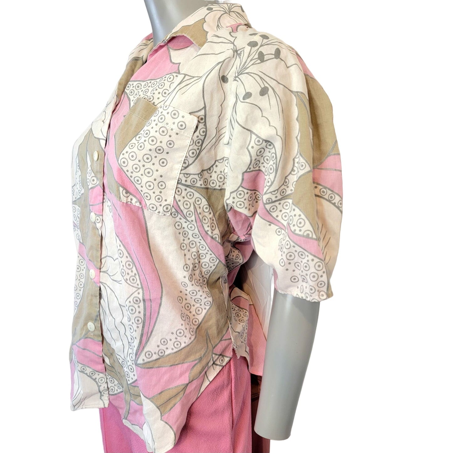 Vintage 70s Tropical Floral Shirt Women XL Button Collar Pink Tan