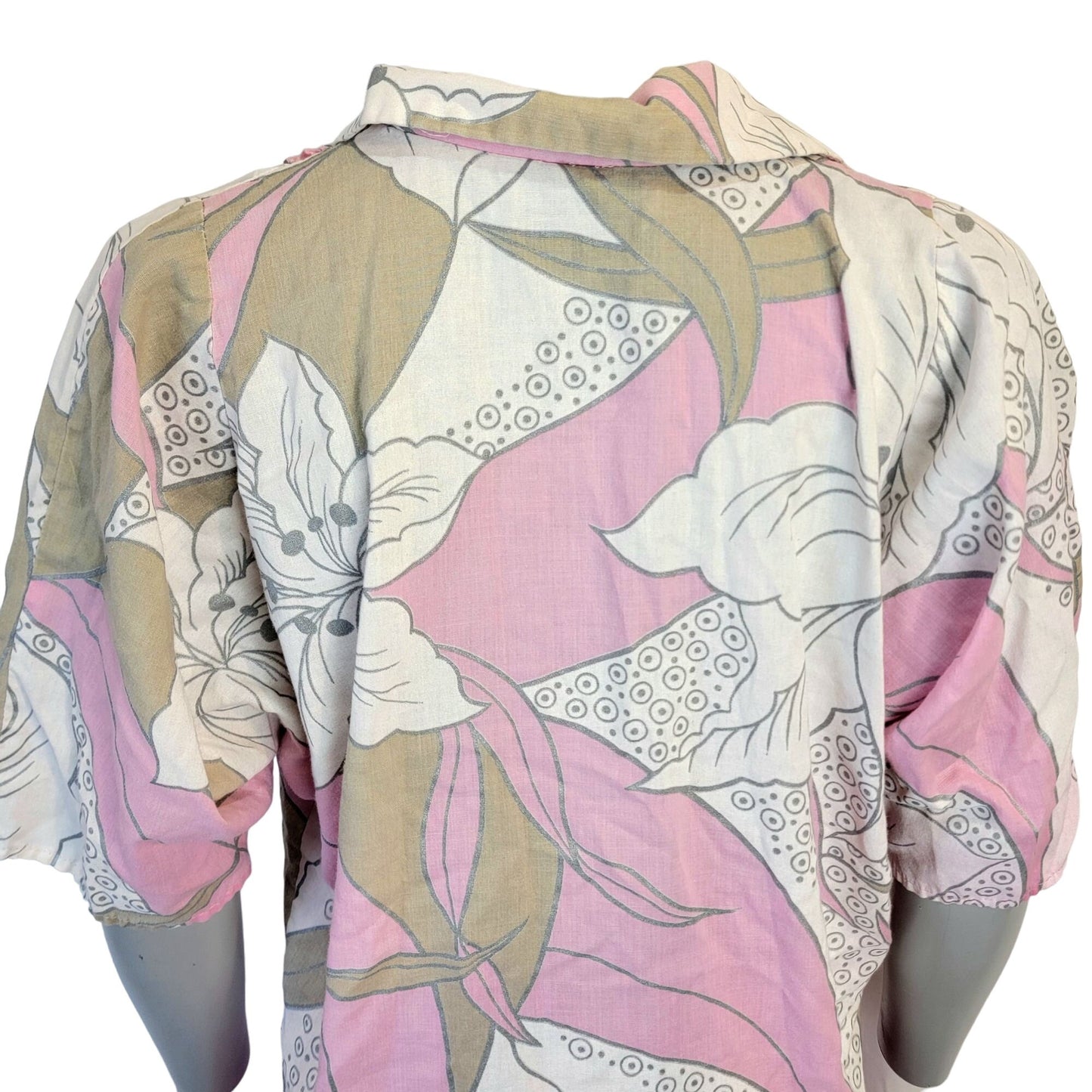 Vintage 70s Tropical Floral Shirt Women XL Button Collar Pink Tan