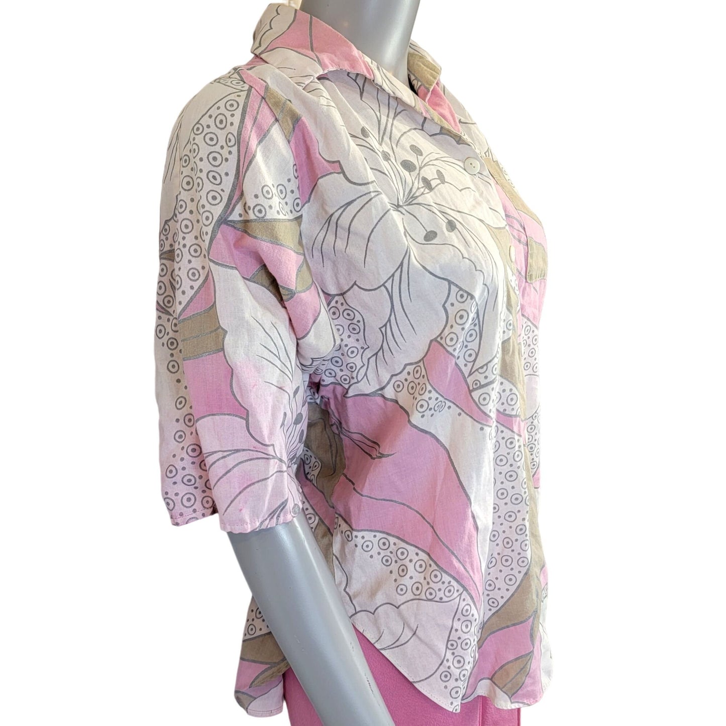 Vintage 70s Tropical Floral Shirt Women XL Button Collar Pink Tan