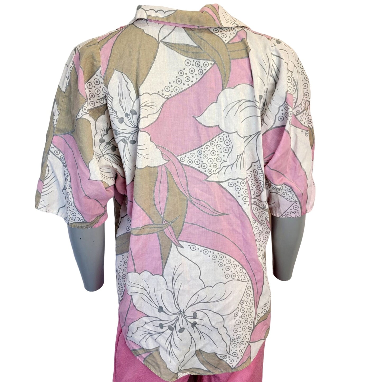Vintage 70s Tropical Floral Shirt Women XL Button Collar Pink Tan
