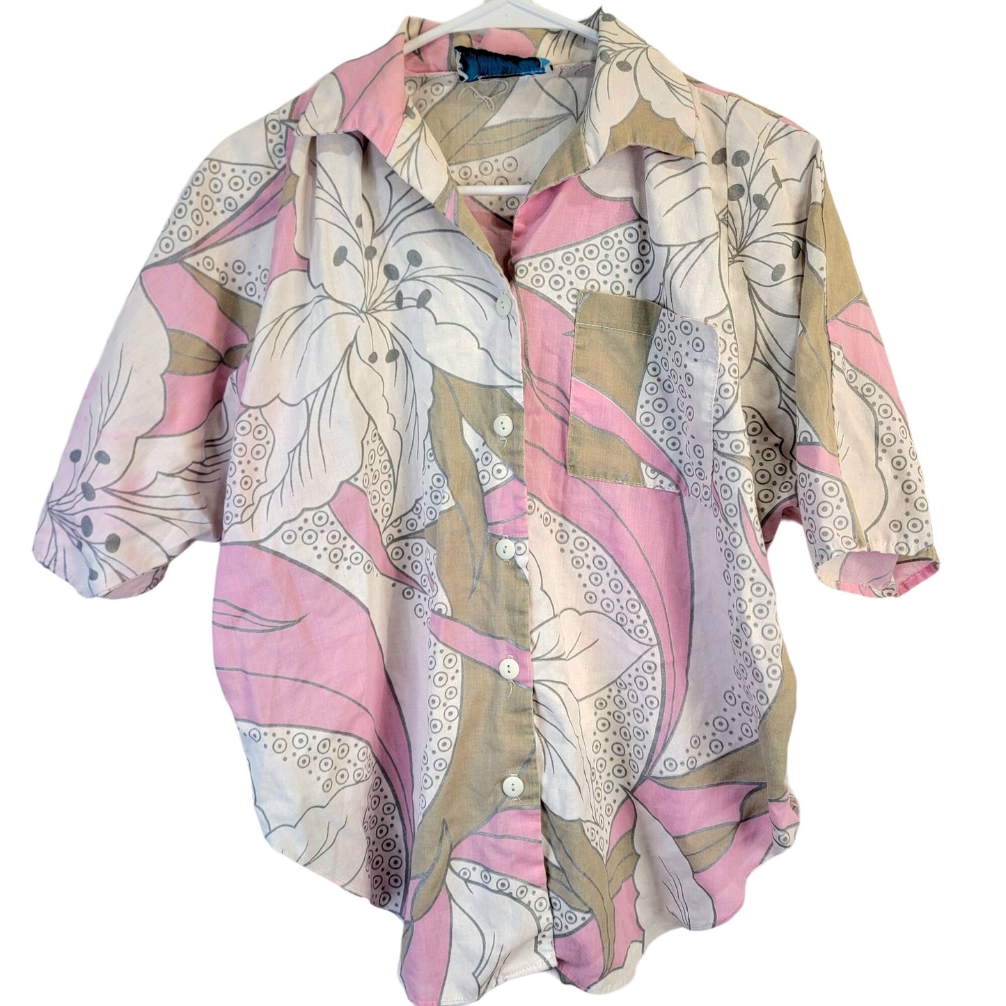 Vintage 70s Tropical Floral Shirt Women XL Button Collar Pink Tan