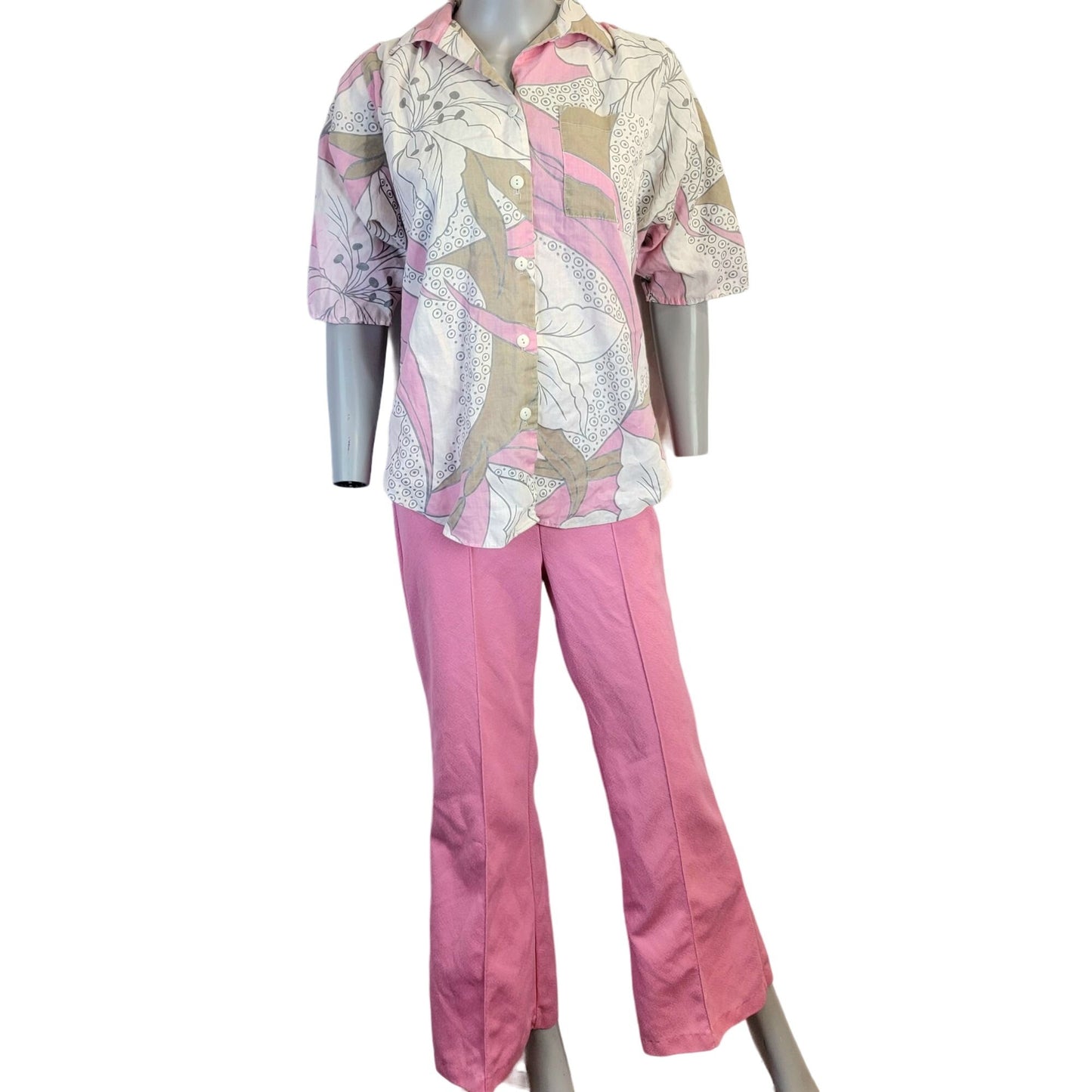 Vintage 70s Tropical Floral Shirt Women XL Button Collar Pink Tan