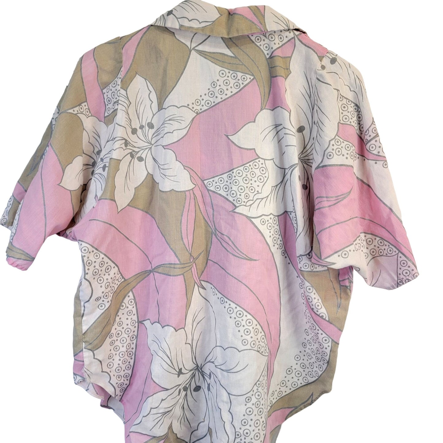 Vintage 70s Tropical Floral Shirt Women XL Button Collar Pink Tan