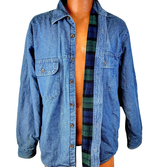 Roundtree & Yorke Vintage Plaid Fleece Lined Denim Shirt Jacket Men Medium Green Blue Y2K 90s Winter Fall