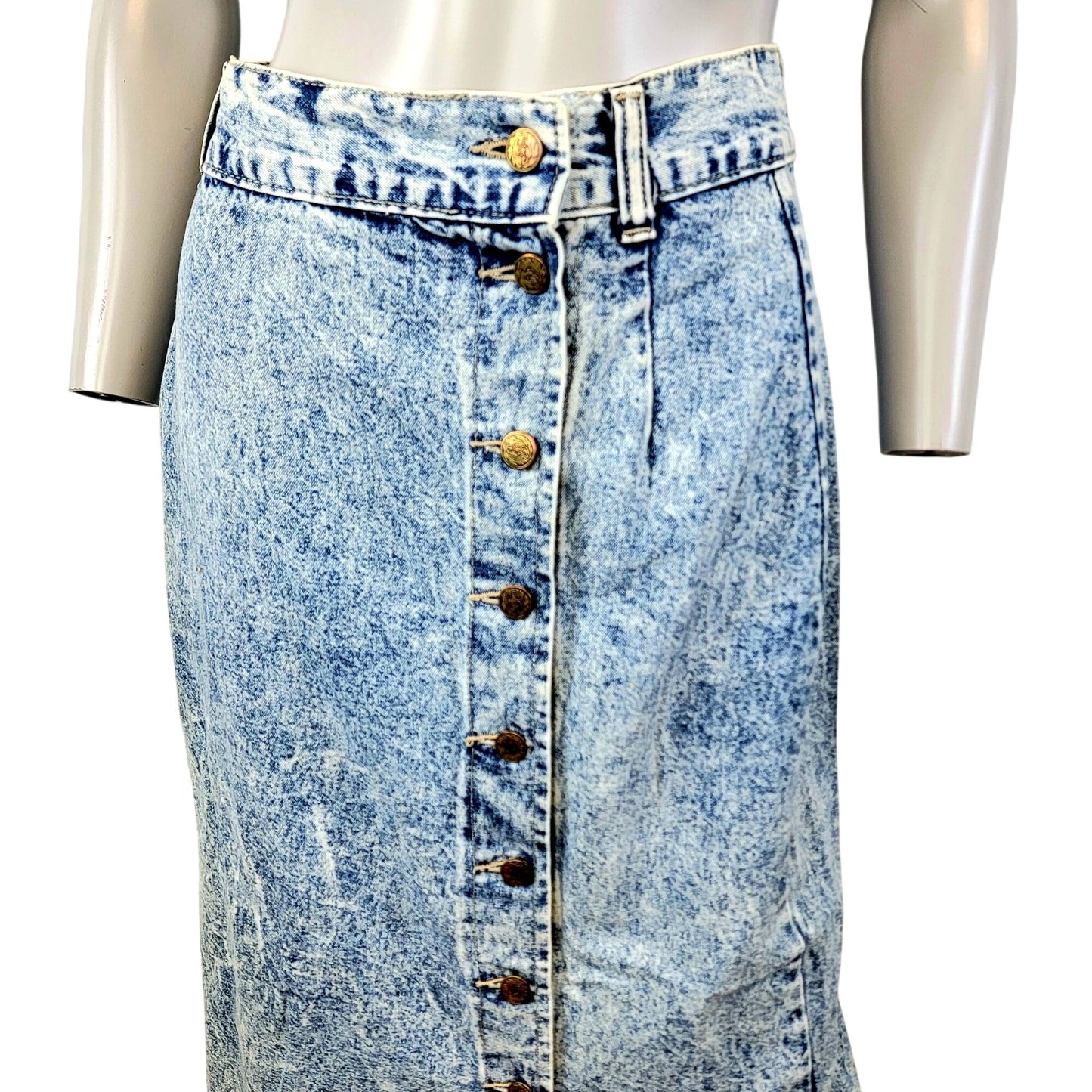 Avon Fashions Vintage 80s Denim Midi Skirt Women 28 12 Casual Button Up Blue M