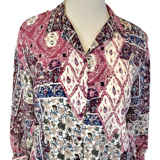 Vintage 90s Floral Blouse Shirt Women Plus Size 1X Button Collar Burgundy