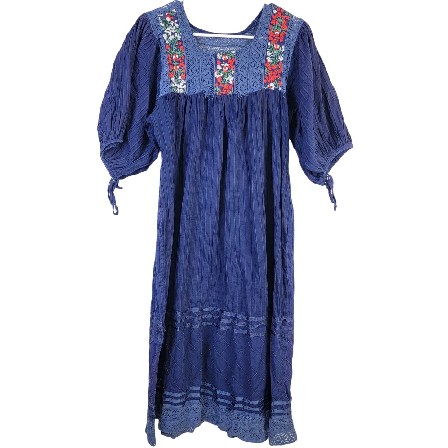 Vintage 70s Midi Dress Women Medium Embroidered Floral Bohemian Peasant 10 Blue