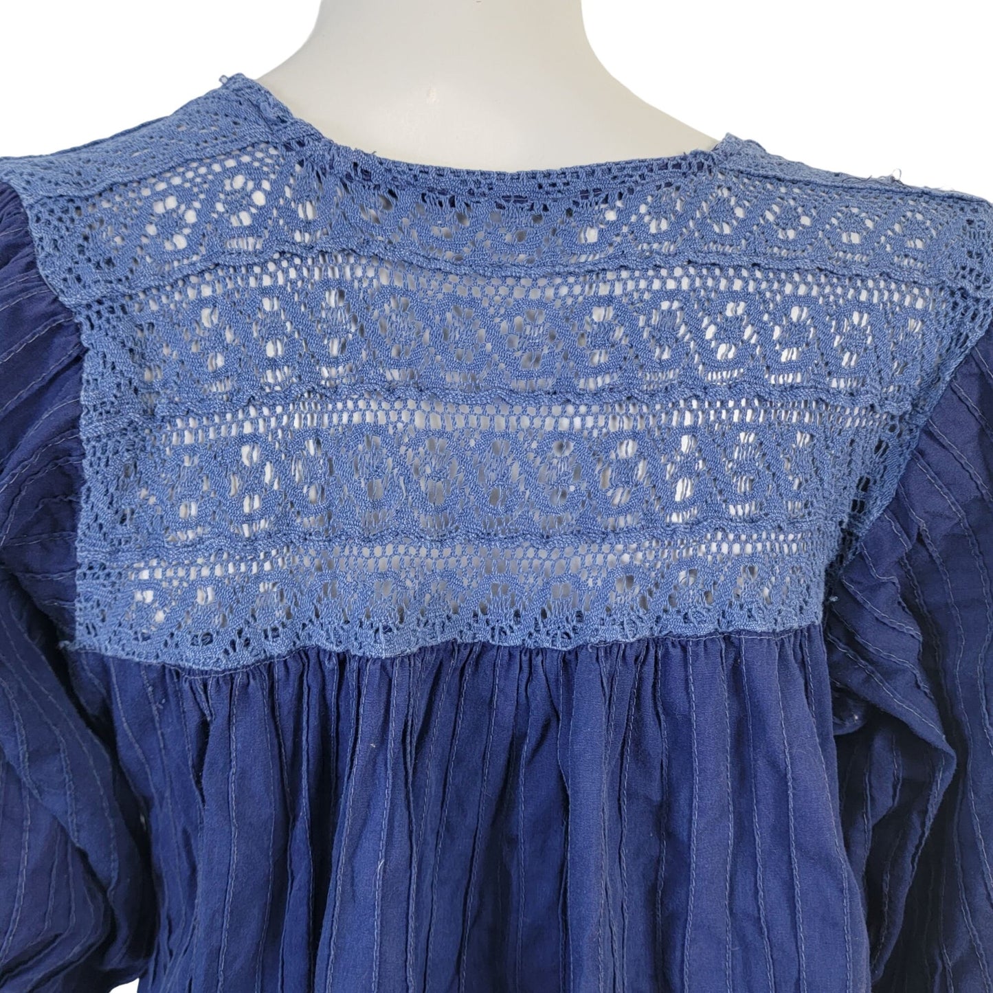 Vintage 70s Midi Dress Women Medium Embroidered Floral Bohemian Peasant 10 Blue
