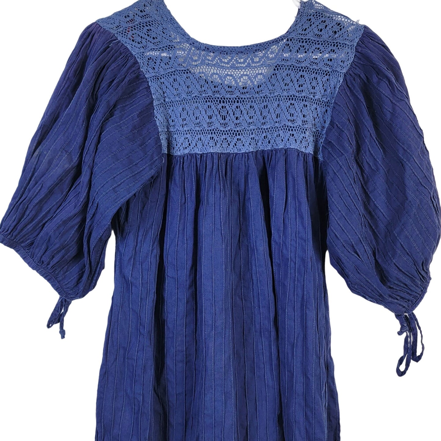 Vintage 70s Midi Dress Women Medium Embroidered Floral Bohemian Peasant 10 Blue
