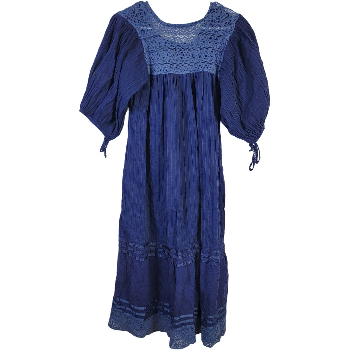 Vintage 70s Midi Dress Women Medium Embroidered Floral Bohemian Peasant 10 Blue