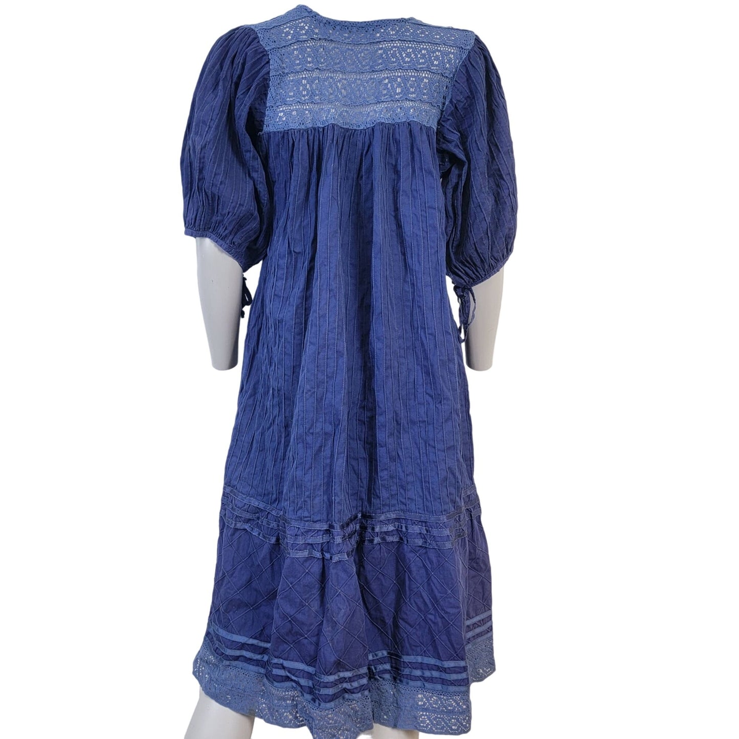 Vintage 70s Midi Dress Women Medium Embroidered Floral Bohemian Peasant 10 Blue