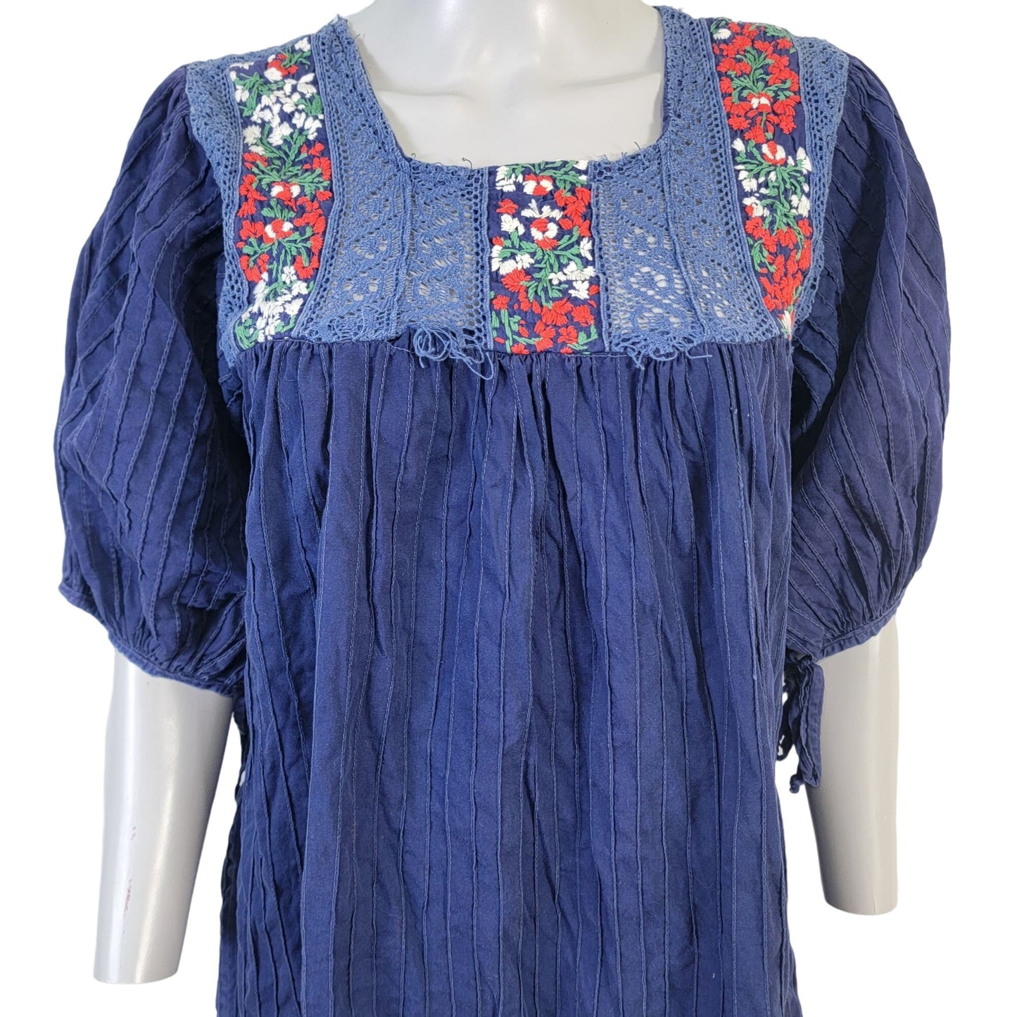 Vintage 70s Midi Dress Women Medium Embroidered Floral Bohemian Peasant 10 Blue