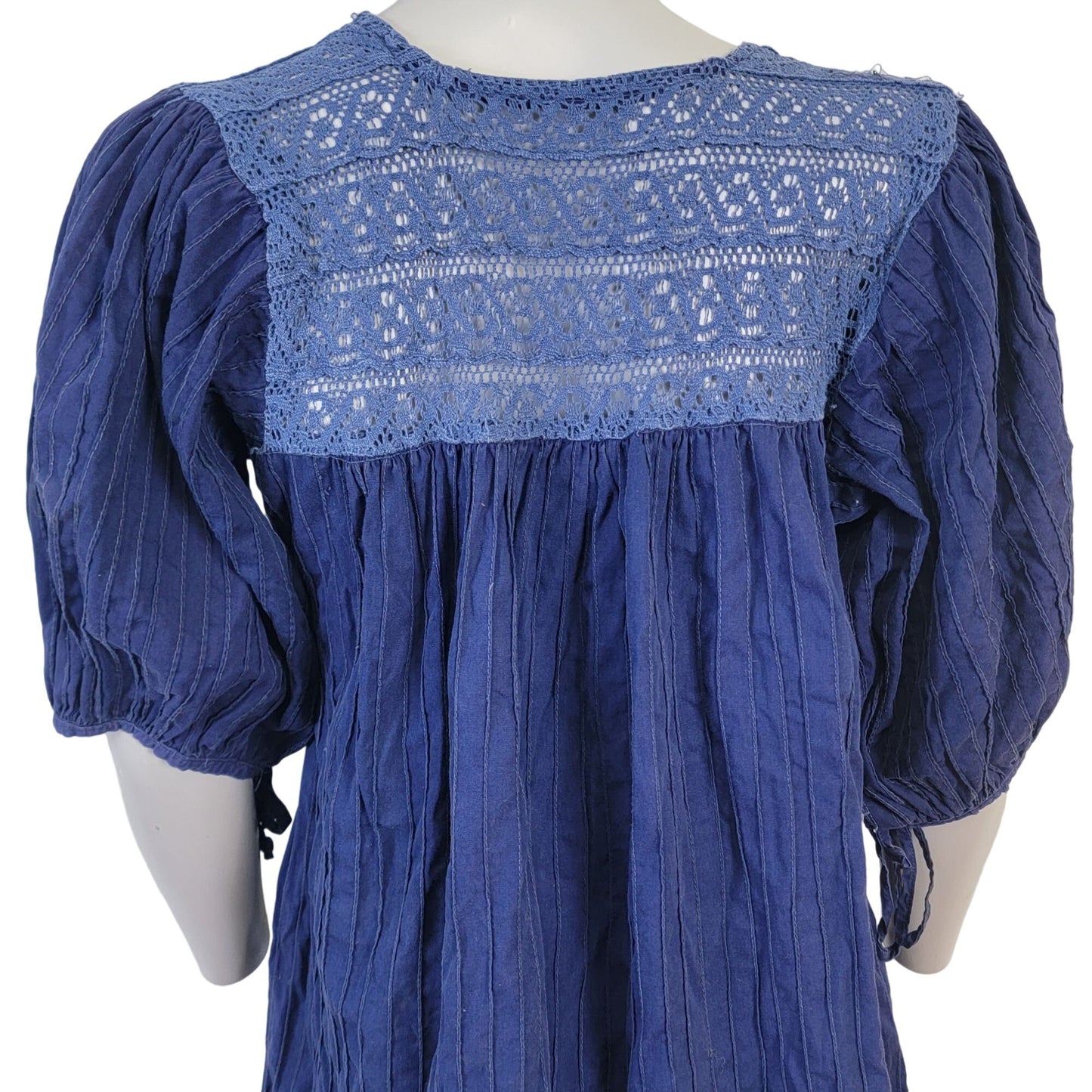 Vintage 70s Midi Dress Women Medium Embroidered Floral Bohemian Peasant 10 Blue