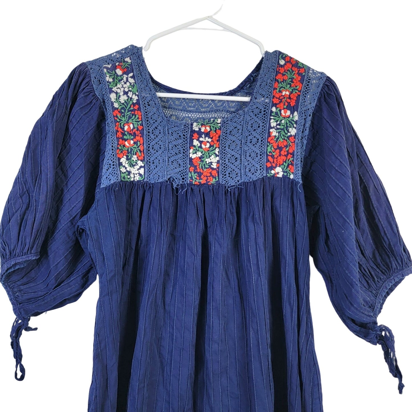 Vintage 70s Midi Dress Women Medium Embroidered Floral Bohemian Peasant 10 Blue
