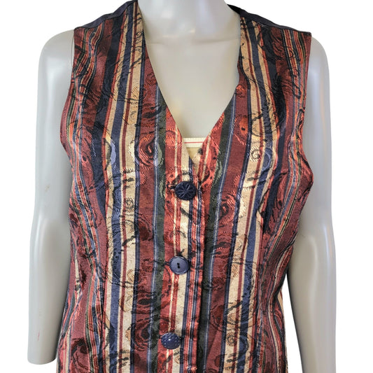 Vintage 90s Satin Stripe Vest Women Medium Paisley Blue Green Jacket Work Fall 8