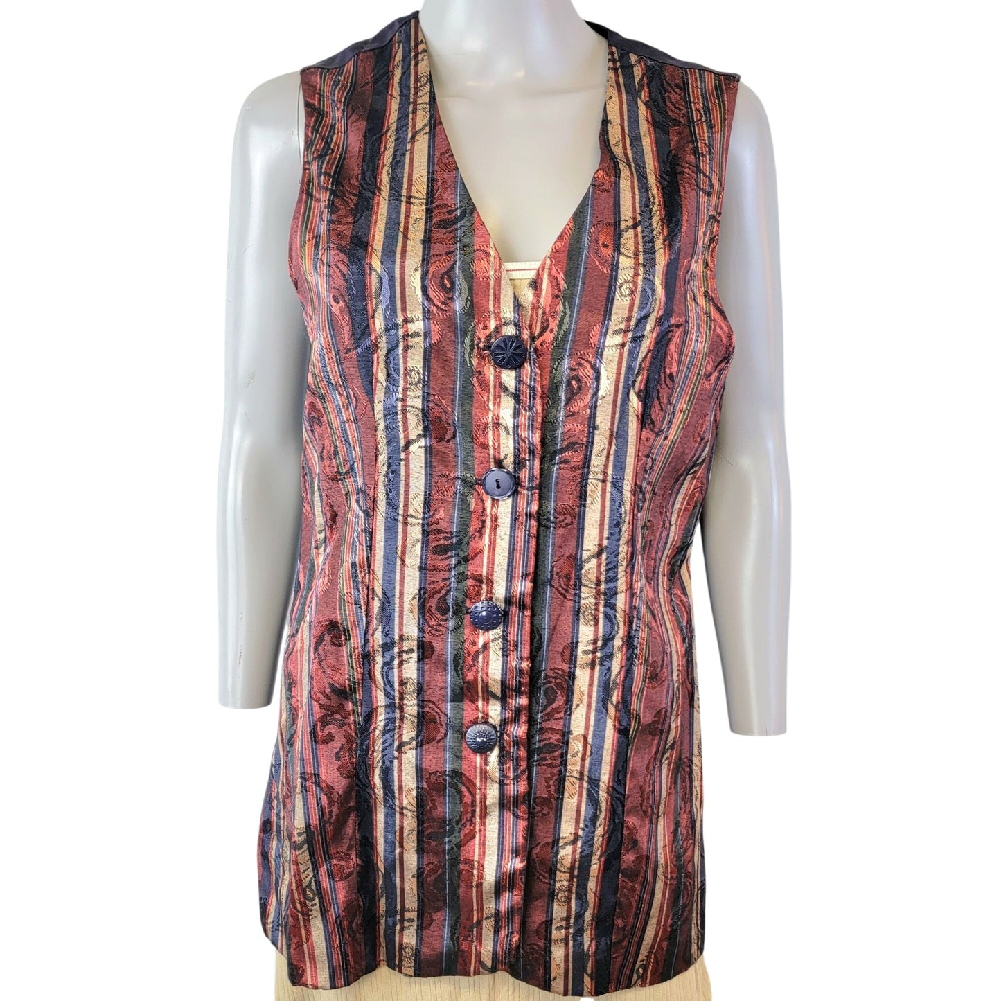 Vintage 90s Satin Stripe Vest Women Medium Paisley Blue Green Jacket Work Fall 8