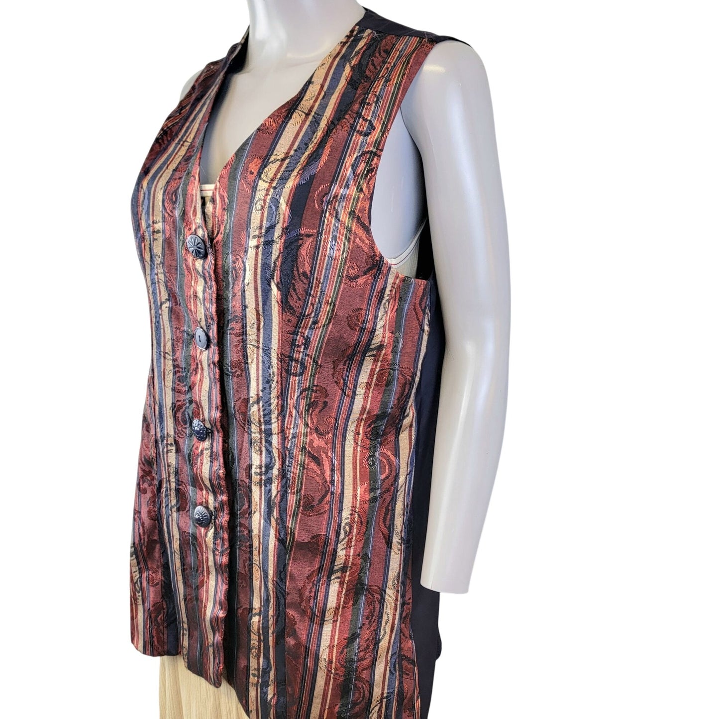 Vintage 90s Satin Stripe Vest Women Medium Paisley Blue Green Jacket Work Fall 8
