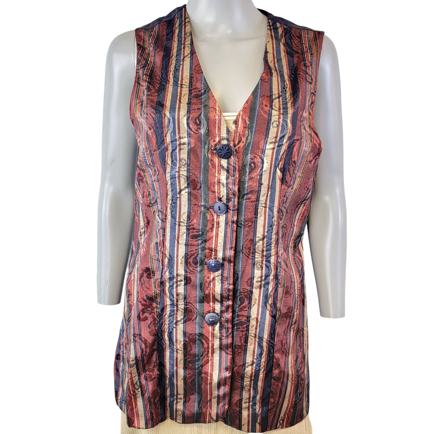 Vintage 90s Satin Stripe Vest Women Medium Paisley Blue Green Jacket Work Fall 8