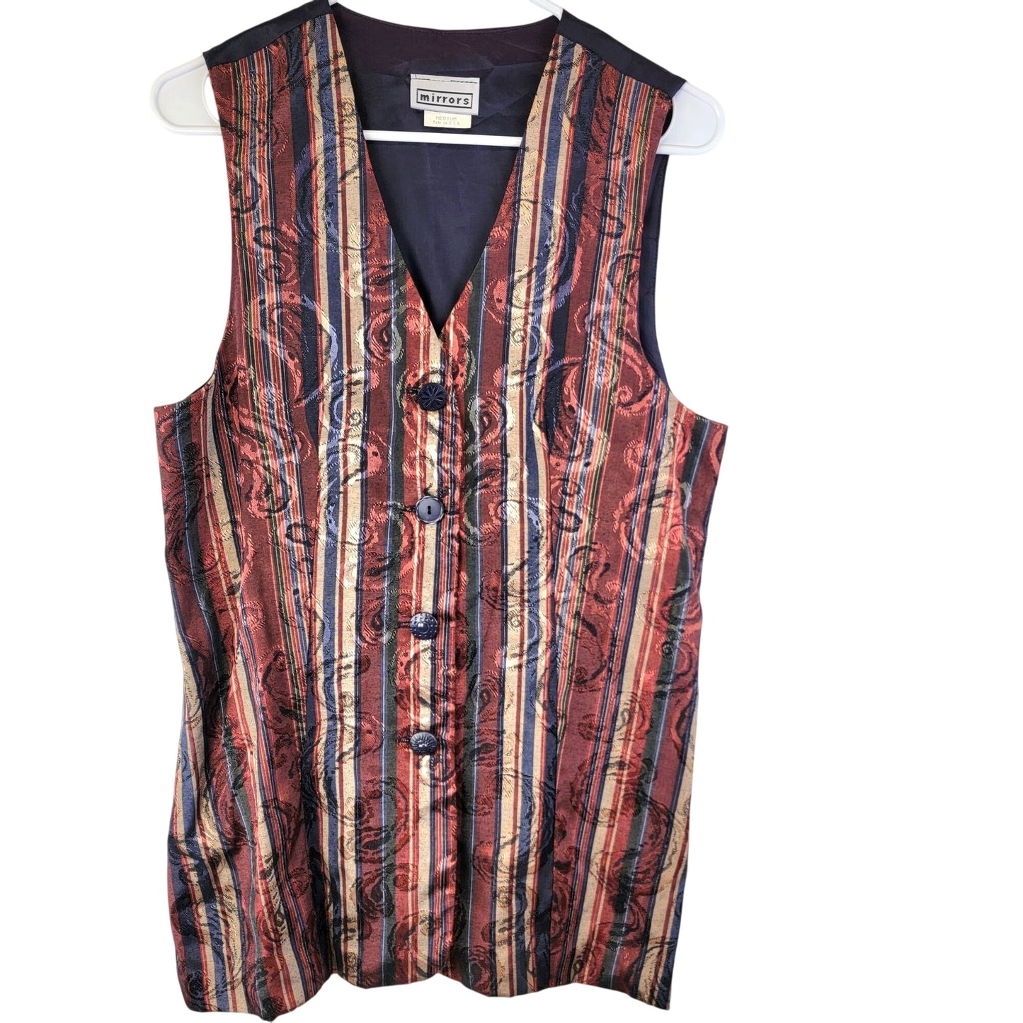 Vintage 90s Satin Stripe Vest Women Medium Paisley Blue Green Jacket Work Fall 8