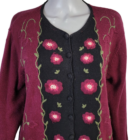 Vintage 90s Embroidered Floral Cardigan Sweater Women Large Burgundy Black